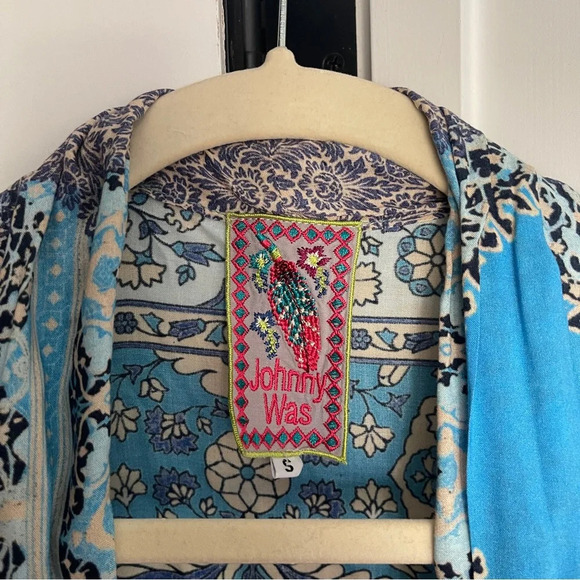 Johnny Was Kimono Rayon Blue Cream Long Paisley Cardigan Small - Picture 2 of 5